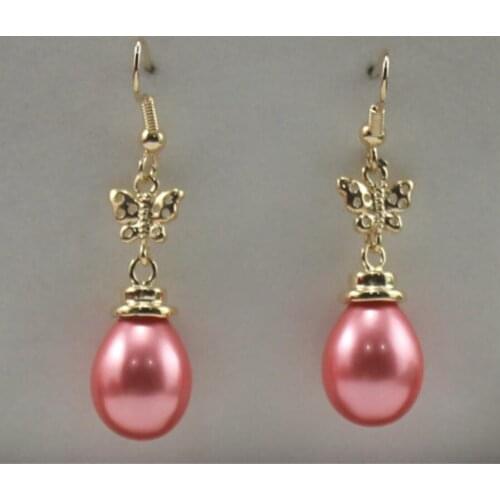 Womens fashion style metal plated butterfly accessories 12x16mm deep pink water drop Shell Pearl Earrings