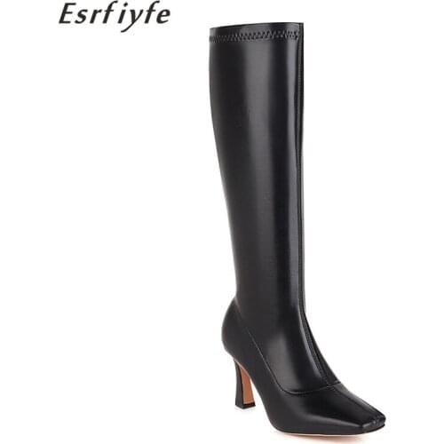 ESRFIYFE 2020 New Autumn Winter Microfiber Women Knee High Boots Squrae Toe Ladies Boots High Heel Women Shoes Large Size 34-48