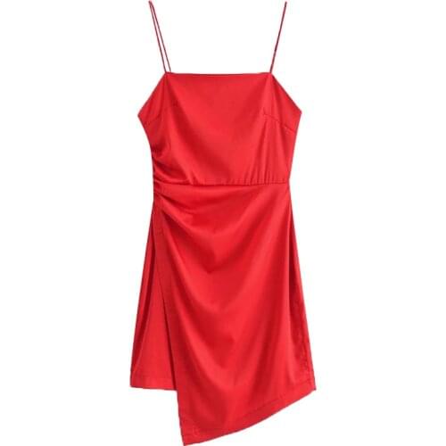 2021 New Women Fashion With Gathering Asymmetrical Mini Dress Vintage Backless Zipper Thin Straps Female Dresses Vestidos