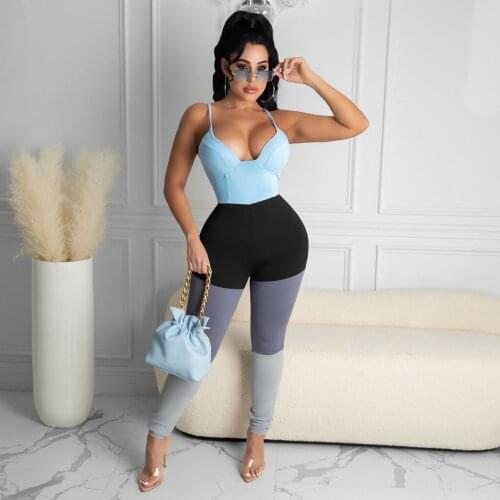 2021 New Arrival Fashion Design Jumpsuits Patchwork Spaghetti Strap Summer Casual Bodycon Rompers