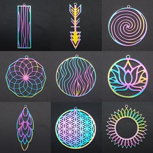 5pcs/Lot 100% Stainless Steel Rainbow Geometric Earring Charm Pendant Wholesale OM Lotus Tree of Life Dream Catcher Pendants