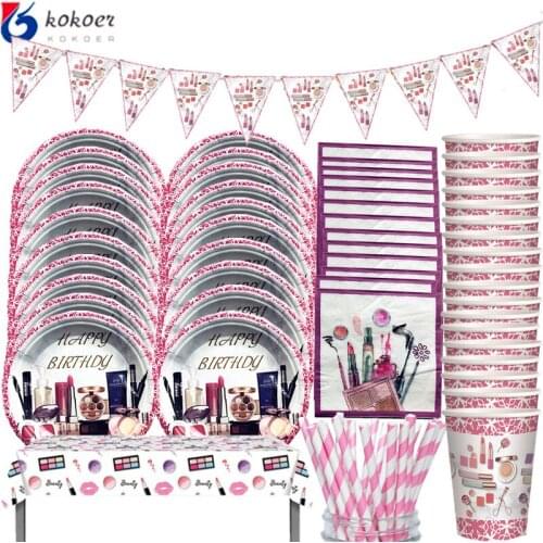 91pcs/Set 20people Make Up Girls Party Disposable Lipstick Eye Shadow Paper Cup/Napkin/Plates Kids Birthday Party Tableware Dec