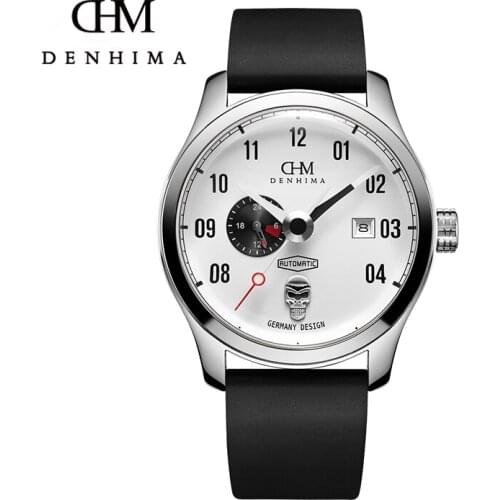 DENHIMA Skull Series Men Watch Rubber Strap Mens Steampunk Locomotive Automatic Watches Sapphire Glass Waterproof Watches