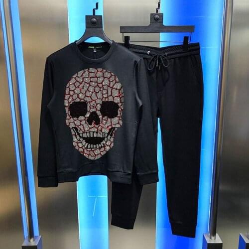 Hot Drill Skull Winter New Mens Sets Track Suit 2-Pieces/ Sports Pants + Hoodie Sportswear Cotton Sweat Shirt Tracksuit
