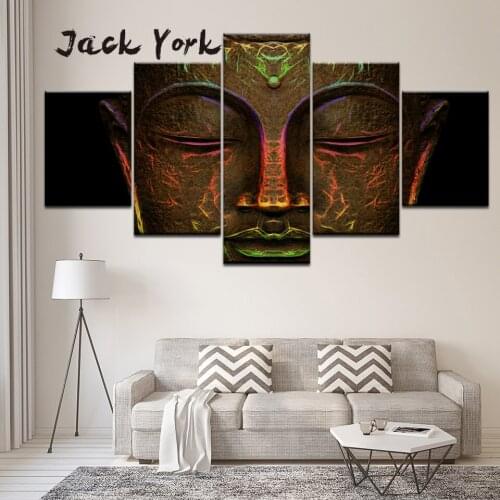 Canvas Painting glowing light bronze statue of buddhas face 5 Pieces Wall Art Painting Modular Wallpapers Poster Print Decor