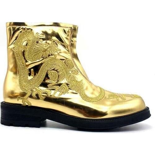 Chinese Dragon Embroidery Mens Shiny Leather Zip Ankle Boot Casual Shoes Boots Patent Black Gold New 2021