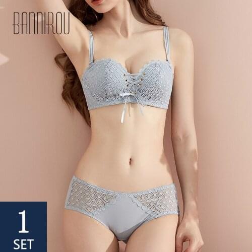 BANNIROU Female Lace Lingerie Underwear For Woman Push Up Bras Brief Sets Bralette Young Woman Active Bra Wire Free Bras 2021