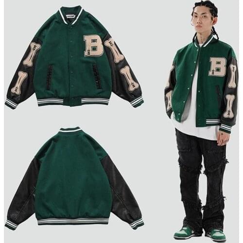 Couples Streetwear College Baseball Jacket Hip Hop Furry Bone Letter Patchwork Mens Bomber Jackets Harajuku Jaqueta Masculina