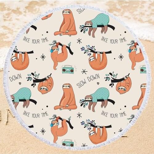 Cute Sloth Series Summer Beach Towel 150cm Round Soft Microfiber Bath Towel with Drawstring Bag Home Decor Wall Tapestry