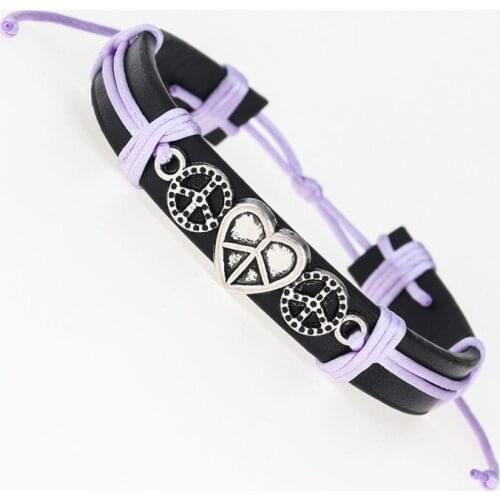 Fashion Casual Antique Peace sign Heart-shaped Charm Leather Bracelets for world pray Lover Jewelry Gifts drop shipping