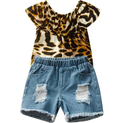New Girls Clothing Set, Leopard Print Ruffle Tops and Ripped Shorts Two-Piece Suit for Birthday Party Vacation