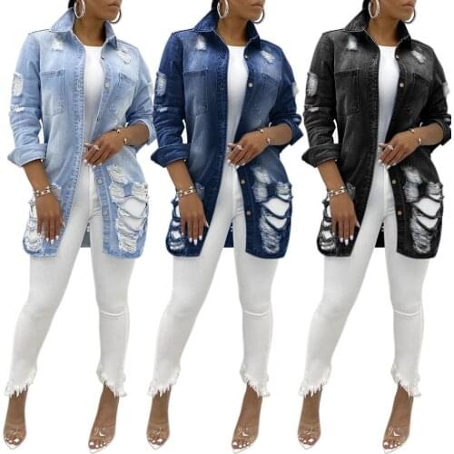 2020 New Arrival Ripped Denim Jacket For Women Fashion Casual Mid-length Jacket Coat Spring and Autumn Clothing S-2XL Drop ship
