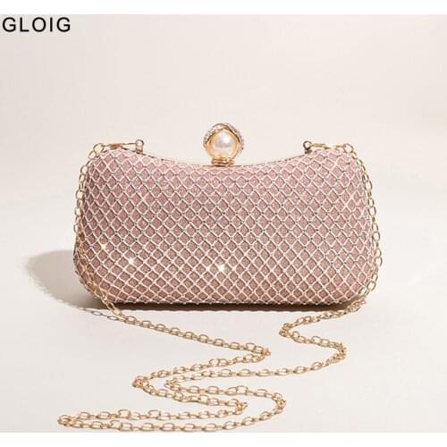 New Design 2021 Hollow Out Women Small Clutch Shoulder Chain Party Handbags Pearl Diamonds Female Purse