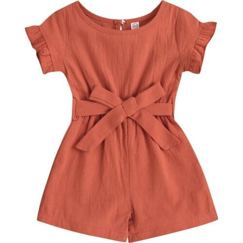 New Girl’s Casual Ruffles Short Sleeve Jumpsuit Fashion Solid Color Sunsuits Short Pants with Belt