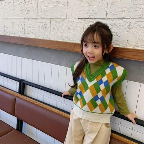 Autumn Baby Sleeveless Sweater Plaid Kids Knitted Sleeveless Vest Casual Kids Girls Knitting Clothes V-neck Children Waistcoat