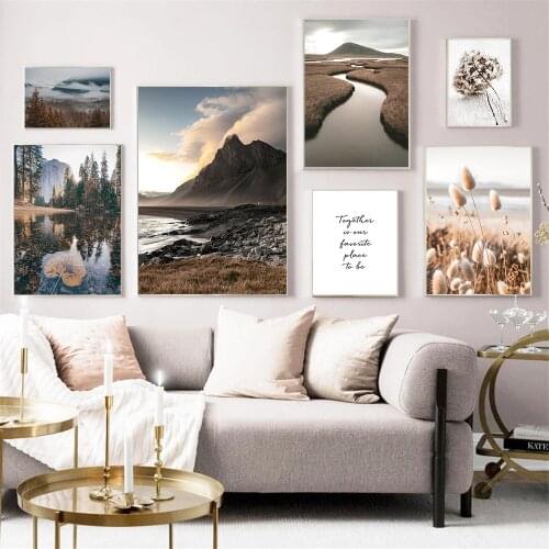 Autumn Landscape Canvas Print Forest River Mountain Nordic Poster Beach Reed Wall Art Painting Pictures Living Room Home Decor