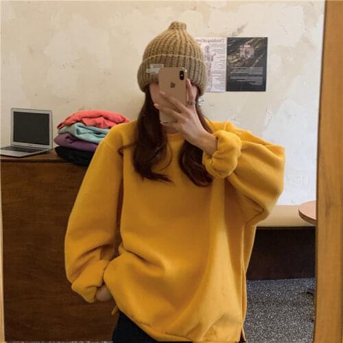 Pullover womens solid color blouse plus velvet padded jacket High quality fashion Harajuku big round neck hoodie sweatshirt