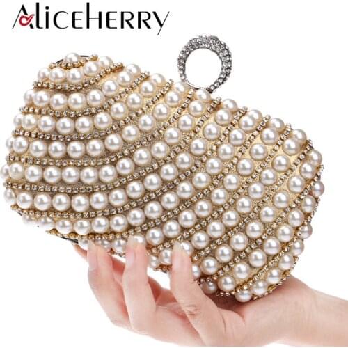 Luxury Women Evening Bag Chain Finger Ring Diamonds Shoulder Handbags Crystal Pearl Wedding Evening Clutch Makeup Bag