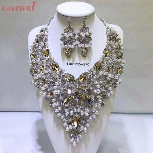 Luxury Gold Big Rhinestone Bridal Jewelry Sets Crystal Statement Necklace Earrings Sets Wedding Jewellery Set