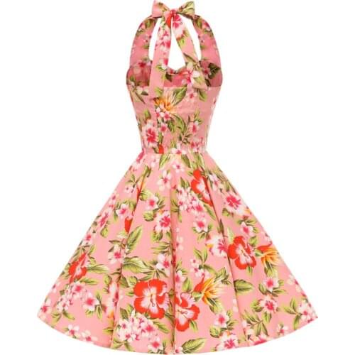 Pink Women Dress 2021 Floral Print Retro Vintage Robe Sexy Summer Swing Pin up Casual 50s Rockabilly Dresses VD0745