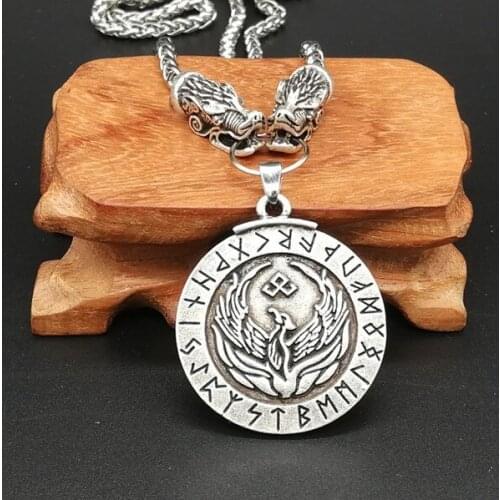Vintage Nordic Wolf Head With Phoenix Rune Pendnat Viking Bird Totem Amulet Mens Necklace