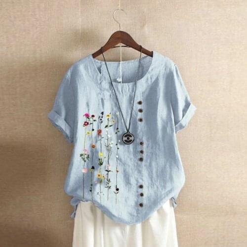 Clothes Women Blouses Bohemian Floral Embroidered Shirt Short Sleeves Blouse Ladies Top Clothes Button Cotton And Linen Top