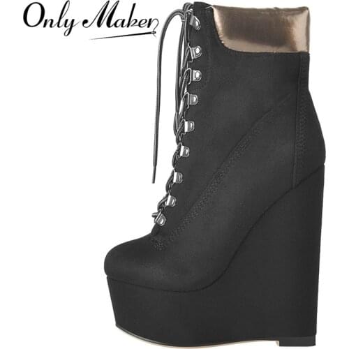 Onlymaker Womens High Heels Platform Wedges Booties Lace Up Flock Fashion Big Size Winter Booties