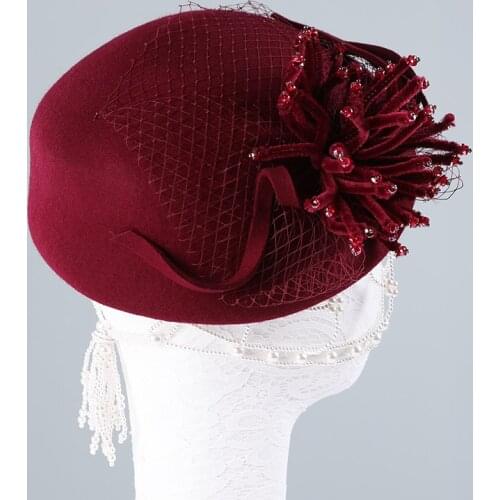 Lady Fedoras Hats Girls Fedoras Wool Hats Original Design New Wool Beret Cap Veil Flowers Elegant British Felt Hat Adjust A30