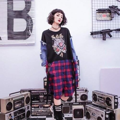 Harajuka Hip Hop Style Hole Ripped Plaid Denim Patchwork Fake Two Pieces Women Dress Three-Dimensional Printing Loose Dresses