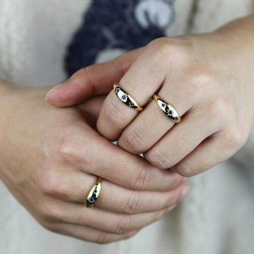 Gold color high polished open adjust size top quality engraved blue cz northstar starbrust delicate signet dome ring for women