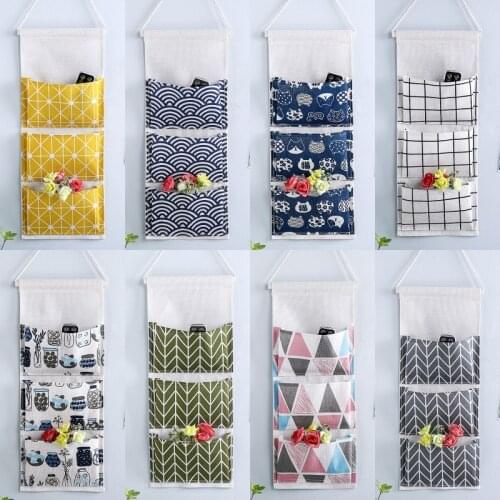 3 Storage Pockets Wall Hanging Storage Bags Cotton Linen Door Cosmetics Toys Organizer Waterproof Pouch Bedroom Home Container