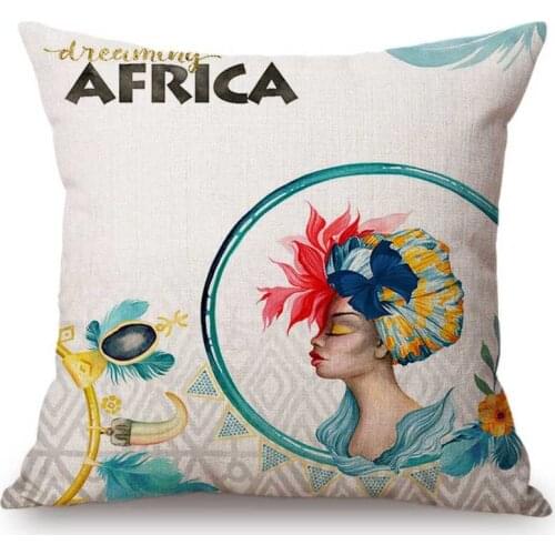 Watercolor Africa Totem Floral African Woman Fashion Sofa Decorative Throw Pillow Case Cotton Linen Square Cushion Cover 45x45cm