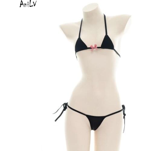 AniLV Summer Beach Girl Bow Halter Bikini Swimsuit Costume Anime Student Cute Black Swimwear Pool Party Cosplay
