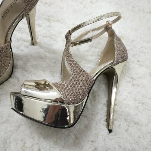 Sexy Gold Patent High Heel Dress Party Women Sandals Summer New Peep Toe Buckle Ankle Strap Stiletto Platform 14cm Heels Shoe