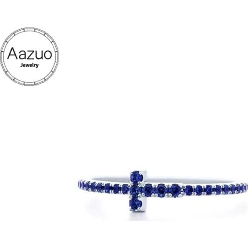 Aazuo 100% 18K White Gold(Au750) Natrual Blue Sapphire Classic Cross Ring for Woman Charm Jewelry Fashion Love Gift For Woman