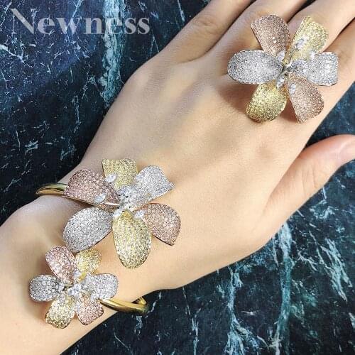 Newness Luxury Flower Blossom Korean Bangle Ring Set Jewelry Sets For Women Wedding Engagement brincos para as mulheres