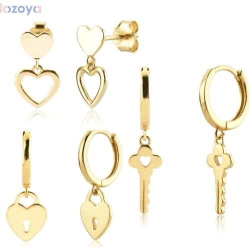 Lozoya 925 Fine Jewelry Crystal Sterling Silver Gold Heart Key Piercing Plain Drop Earring Women Clips Pendiente Clips Wedding