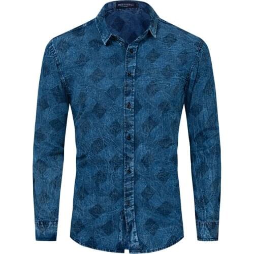 ERIDANUS Mens Denim Shirt Fashion Square Printing Long-sleeved Casual Slim Fit Shirts 100% Cotton Male Streetwear MCL300