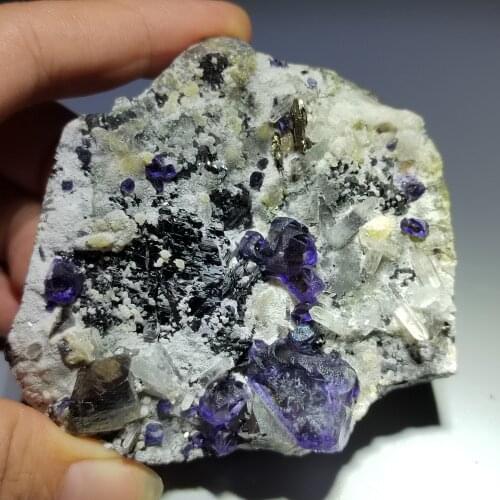 259.6gNatural blue fluorite and crystal, arsenopyrite, wolframite home decoration, therapeutic energy mineral specimens