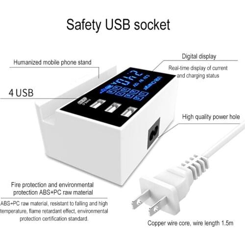 New Digital LED Display 4USB Type-C Fast Charger Smart IC Automatic Recognition 3 USB 1 Type-C Port Mobile Phone Tablet Charger