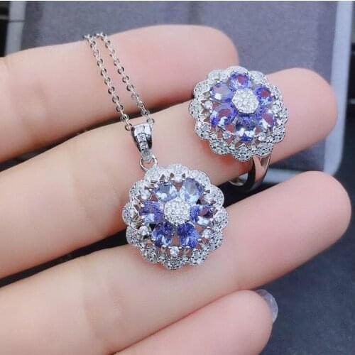 New Arrival Natural Real Tanzanite Jewelry set Natural 925 sterling silver Fine jewelry 1pc Tanzanitering,1pc Tanzanite Pendant