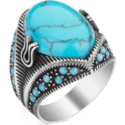 Oval Big Turquoise Gemstone Ring Unique Design Men’s Handmade Siver Ring Gifts For Him Vintage Men Accessories