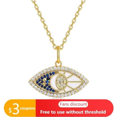 OUGLEE 925 Sterling Silver Pendant Necklace Evil Blue Zircon Eye White Shell Beads Plated 14K Gold Clavicle Chain Lucky Jewelry