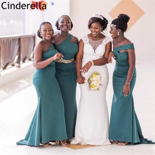 Bridesmaid Dresses Green One Shoulder Satin Crystal Mermaid Bridesmaid Dresses With Zipper Back Wedding Party Dresses