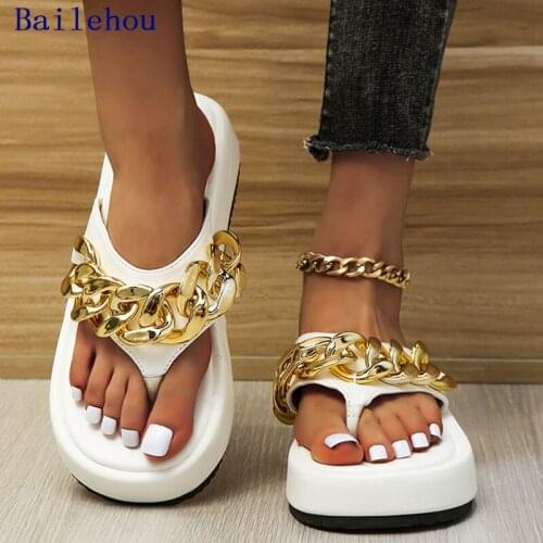Slippers Women Flip Flop Summer New 2021 Casual Flip flops Platform Shoes Round Toe Slides Female Shoes Metal Chain Flip-flops