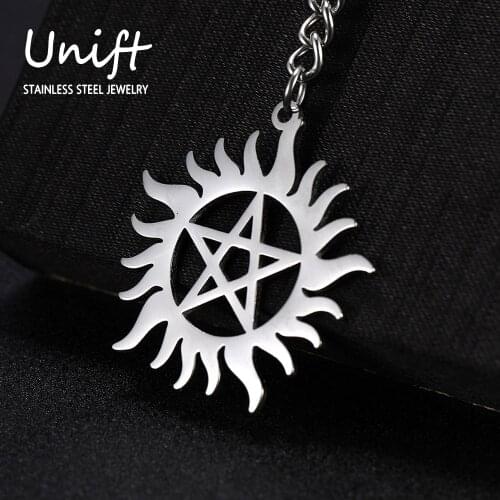 Unift Sun Wheel Symbol Five-Pointed Star Pendant Car Keychain Natural Dean Stainless Steel Keychain Key Ring Holder Pendant