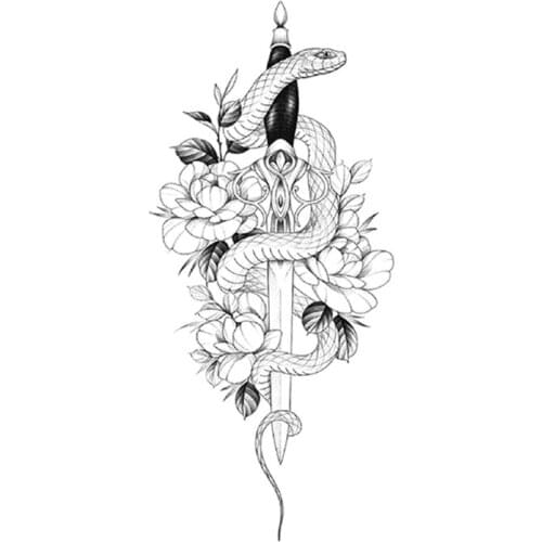 Ukiyo-e Waterproof Temporary Tattoo Sticker Black White Snake Flower Leaves Fake Tattoos Flash Tatoos Arm Body Art for Women Men