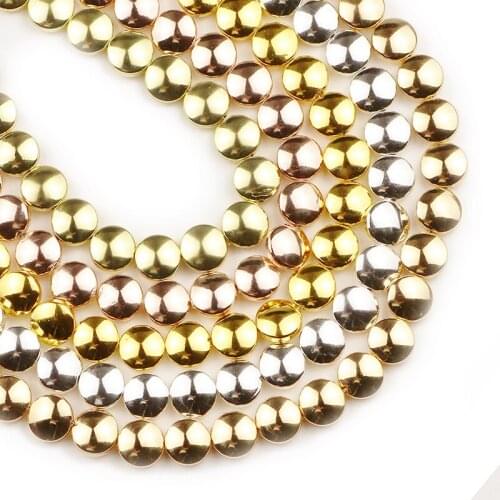 YHBZRET Natural Stone Flat Round Hematite 8mm 48pcs Rose Gold Silvers coin loose Spacer Beads For Jewelry Making Diy Bracelet