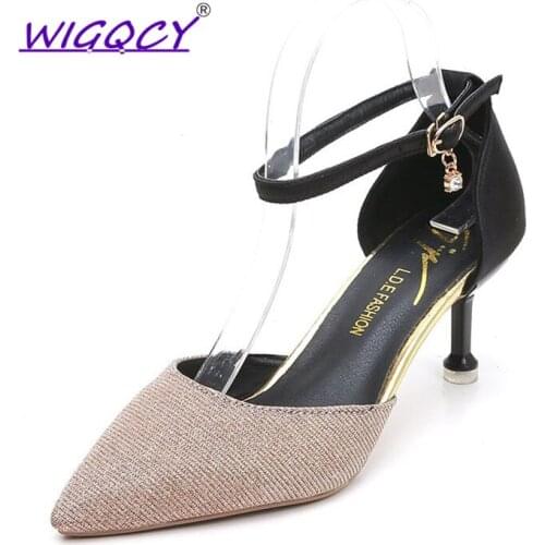 Suede High Heels sandals women 2019 summer shoes woman Pointed Toe Fashion Thin Heel Buckle Strap Rhinestone Party female shoes