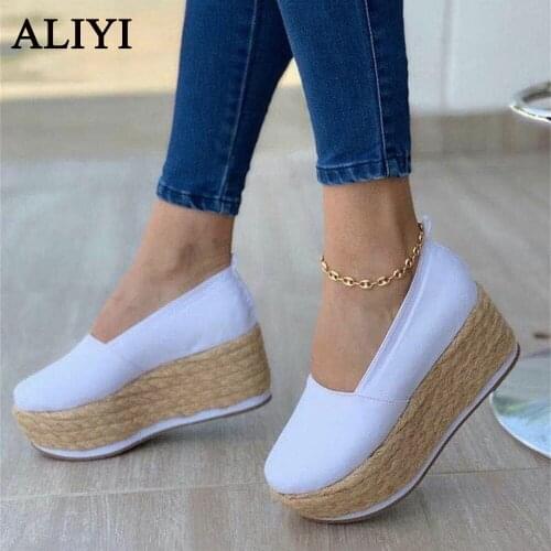 Women Vulcanized Shoes New 2021 Spring Thick Bottom Hemp Slip On Ladies Platform Canvas Shoes Outdoor Dress Female Footwear